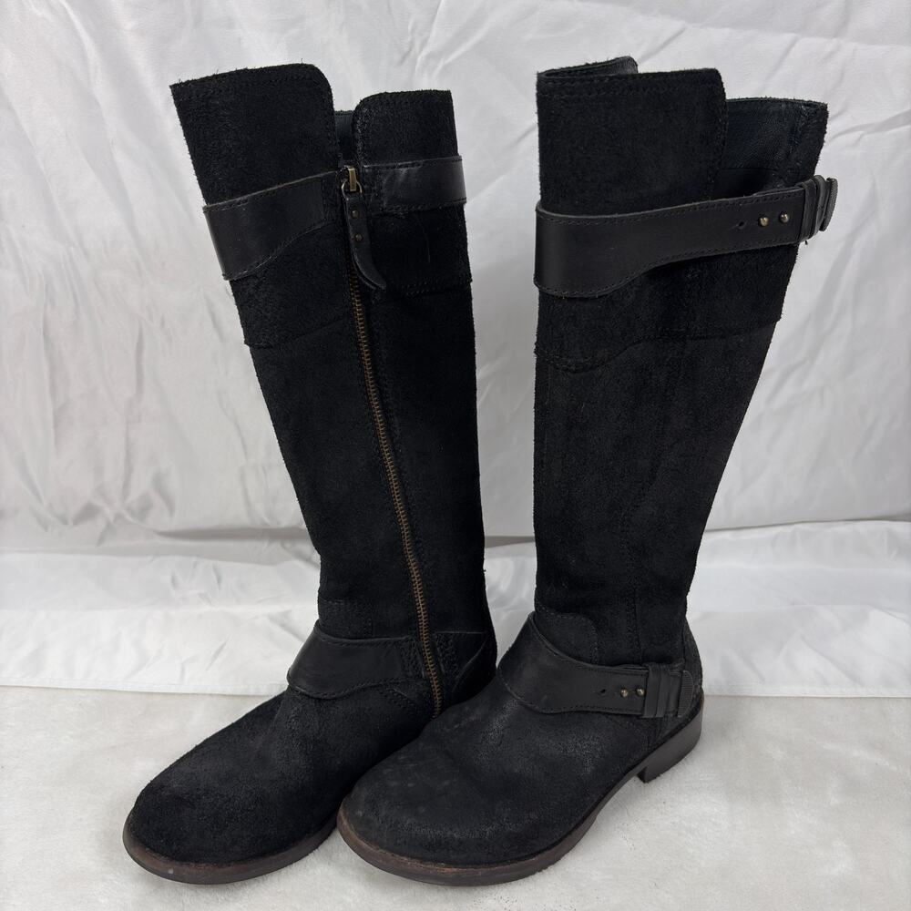 UGG Australia Womens Black Leather Shearling Tall Boots Size 6